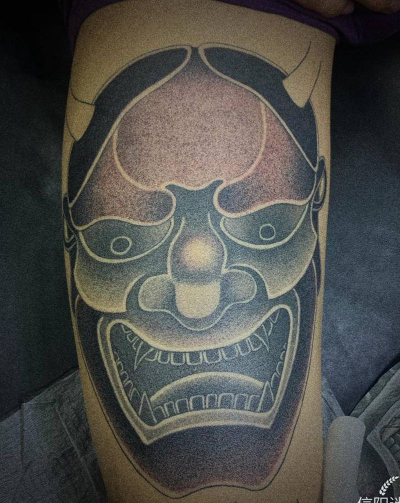 日式般若纹身图片_腿部老传统纹身图案