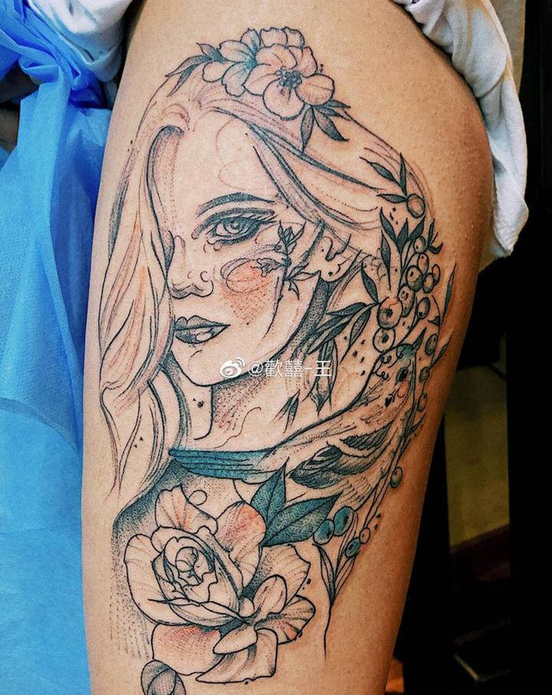插画女纹身图片_腿部水彩纹身图案