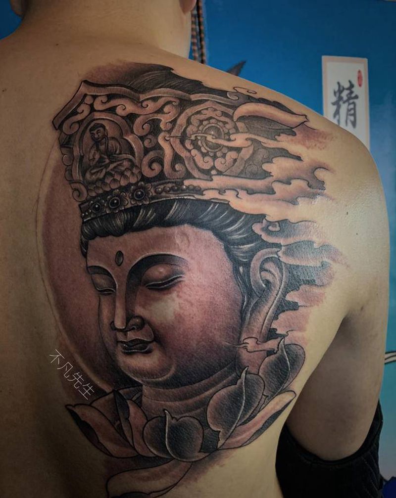 客人本命佛，文殊菩萨纹身图片_背部新传统文殊菩萨纹身图案
