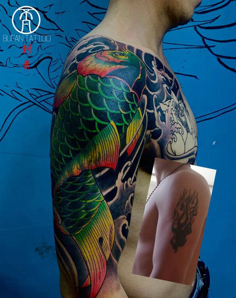 遮盖纹身图片_肩部手臂老传统新传统遮盖鱼纹身图案