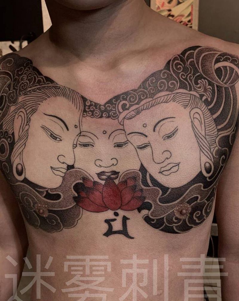 三面佛纹身图片_胸部纹身图案