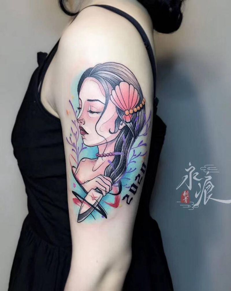 水彩唯美系少女纹身图片_手臂水彩New School美女水墨纹身图案