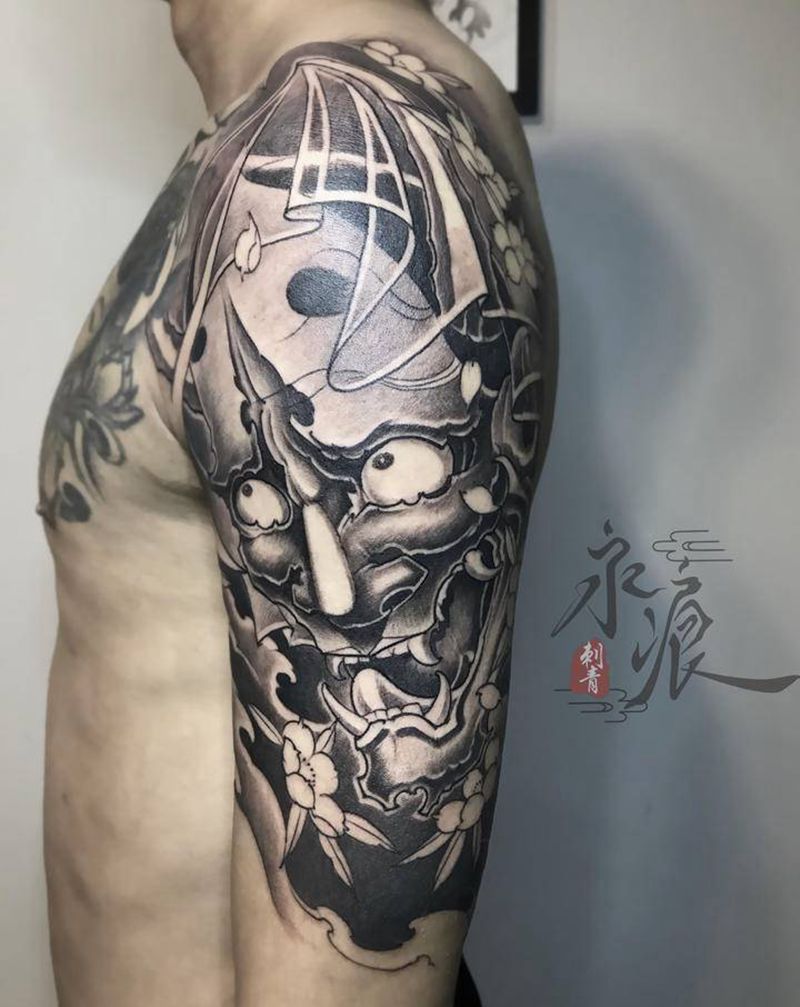 大臂般若纹身图片_手臂新传统般若纹身图案