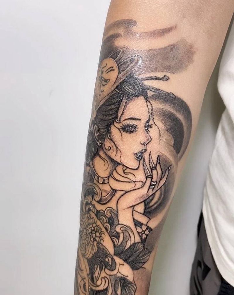 艺妓纹身图片_手臂新传统日本艺妓纹身图案