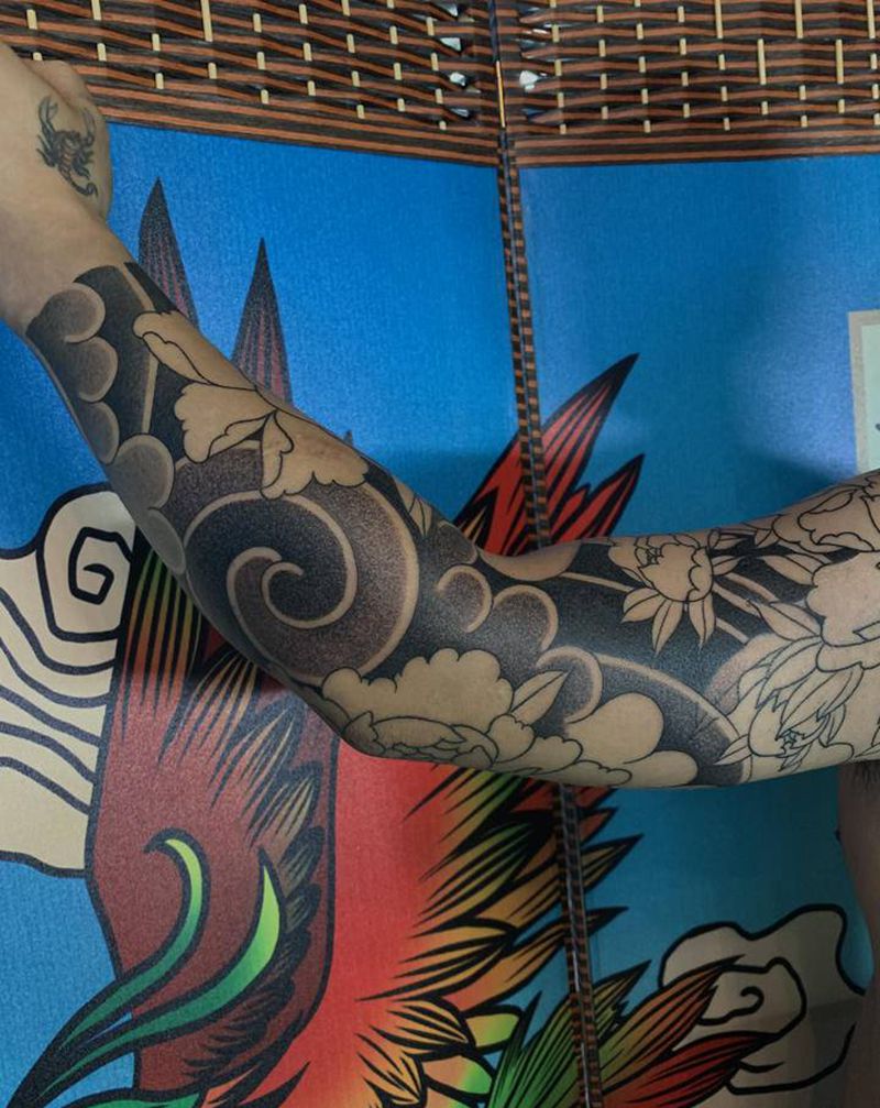 圆5的乐趣，乐在其中纹身图片_手臂胸部老传统日式传统老传统花臂纹身图案