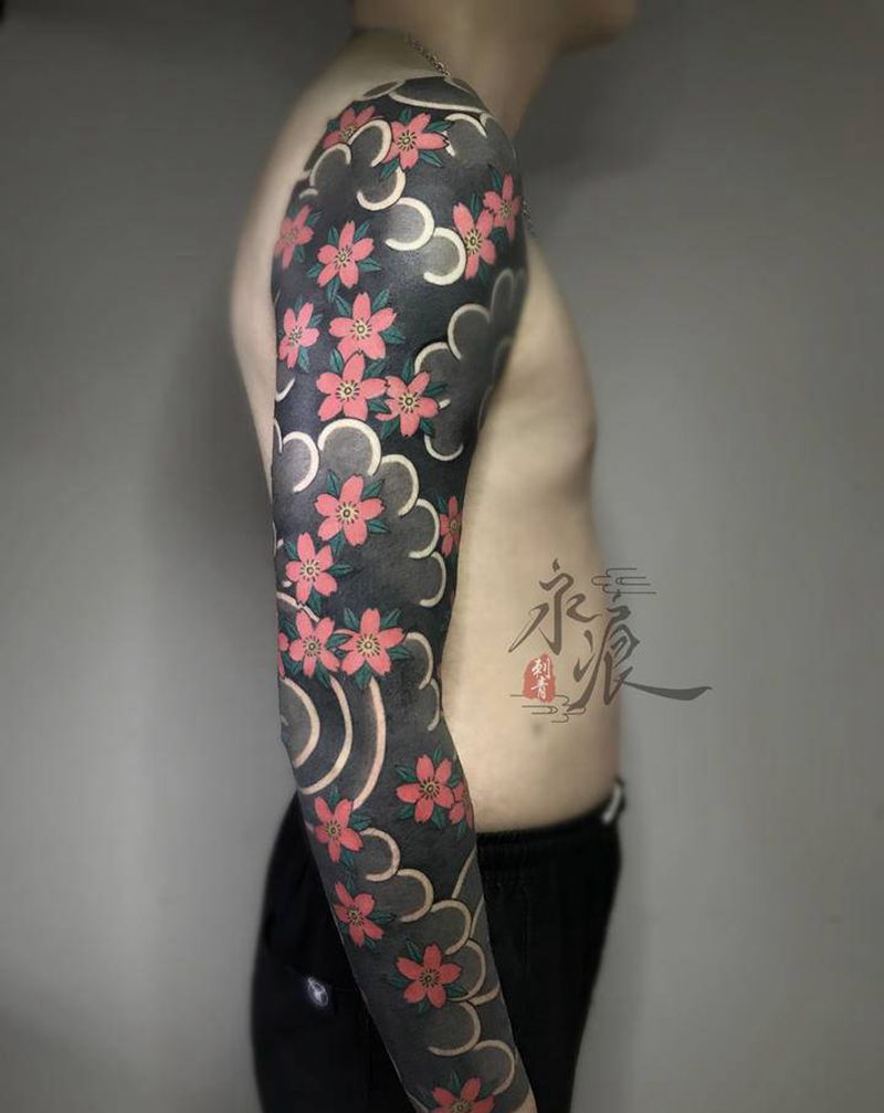 传统樱花花臂纹身图片_手臂老传统刹车印樱花花臂纹身图案