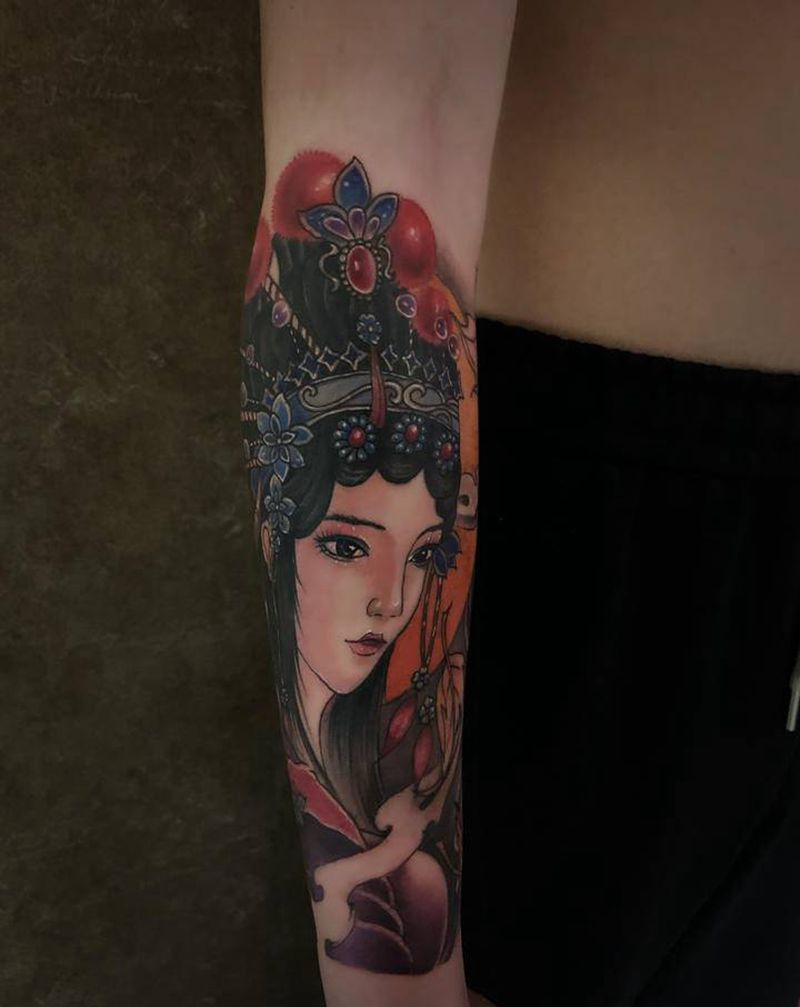 花旦纹身图片_手臂新传统花旦纹身图案