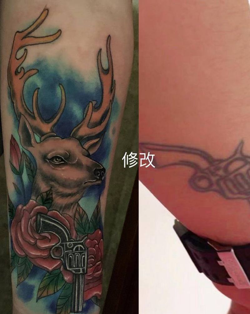 3小时修改纹身图片_手臂新传统鹿遮盖纹身图案