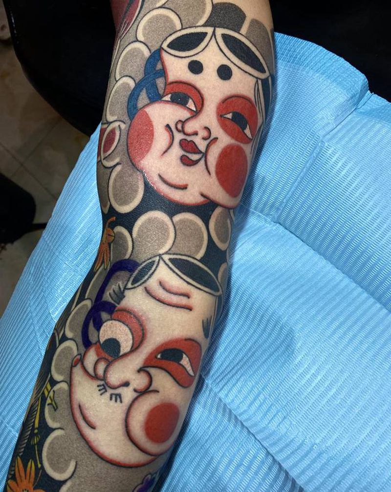 老传统多福火男花臂纹身图片_手臂纹身图案