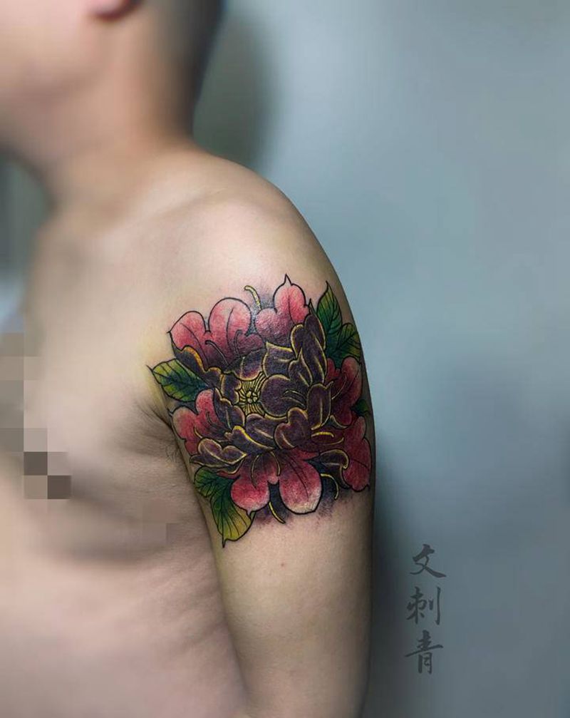 牡丹纹身图片_手臂新传统纹身图案