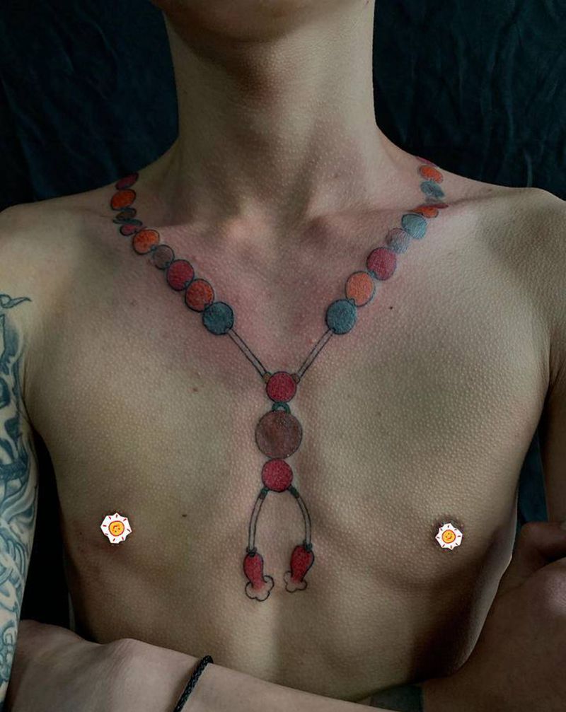 日式佛珠纹身图片_颈部老传统纹身图案