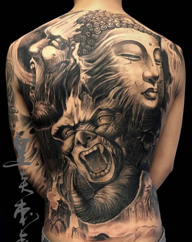 佛与魔纹身图片_背部纹身图案