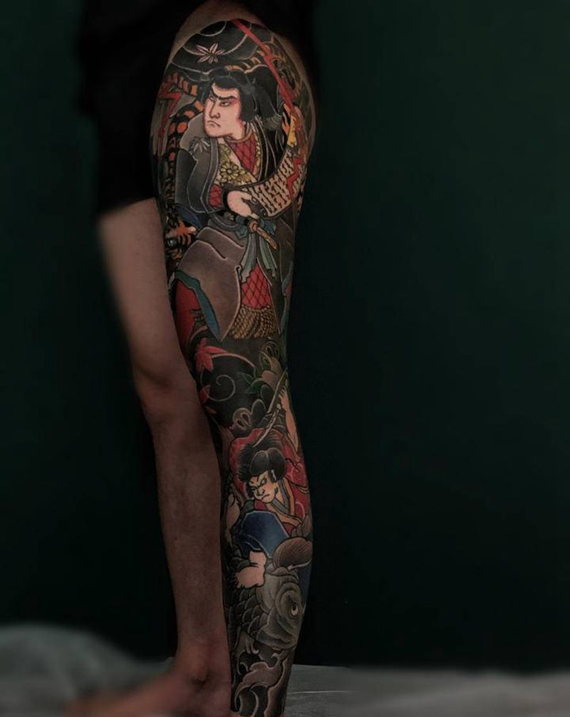 花腿纹身图片_腿部老传统纹身图案