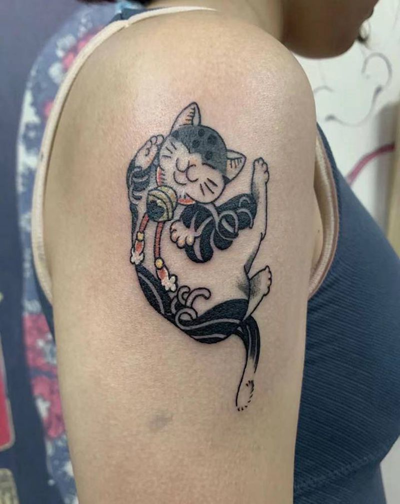 招财猫纹身图片_手臂老传统招财猫纹身图案