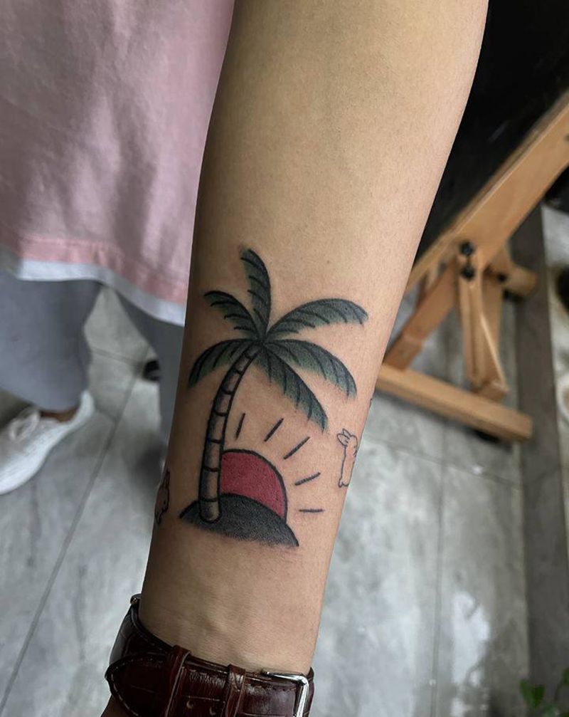 椰子树old纹身图片_手部Old School纹身图案