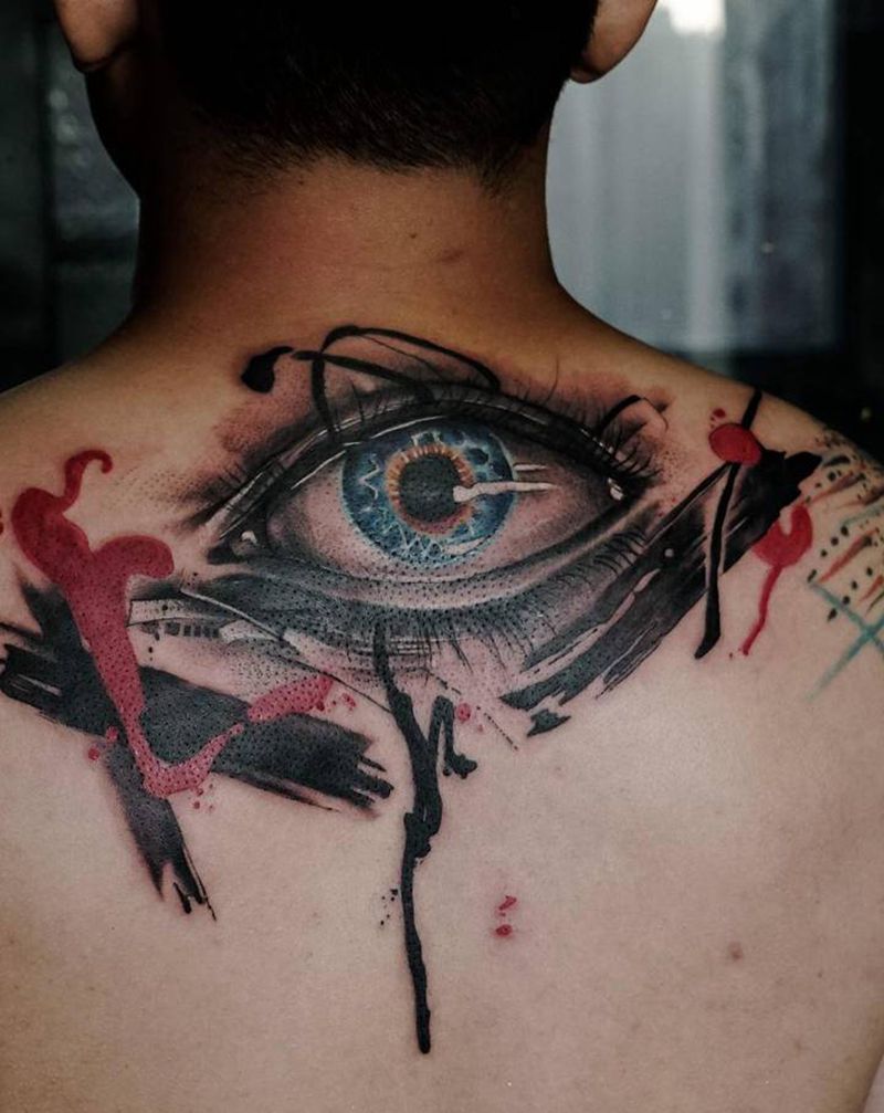 眼纹身图片_背部水彩水墨纹身图案