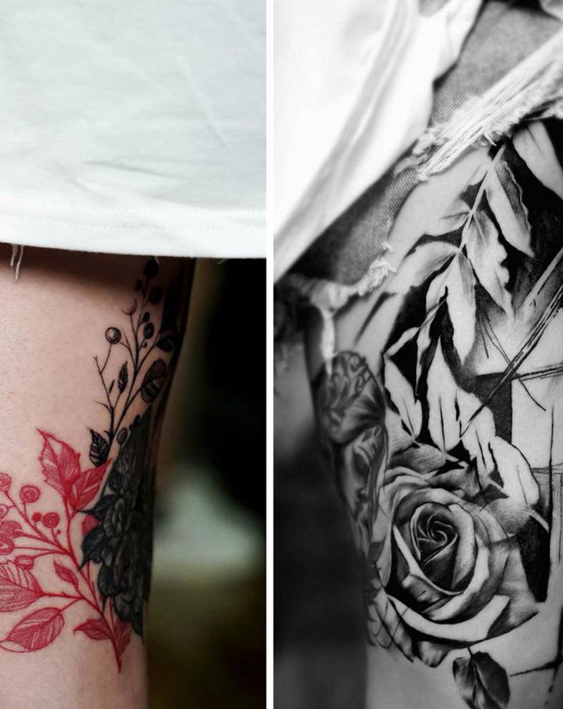 大腿抽象波尔卡纹身图片_腿部脚部欧美写实水墨纹身图案