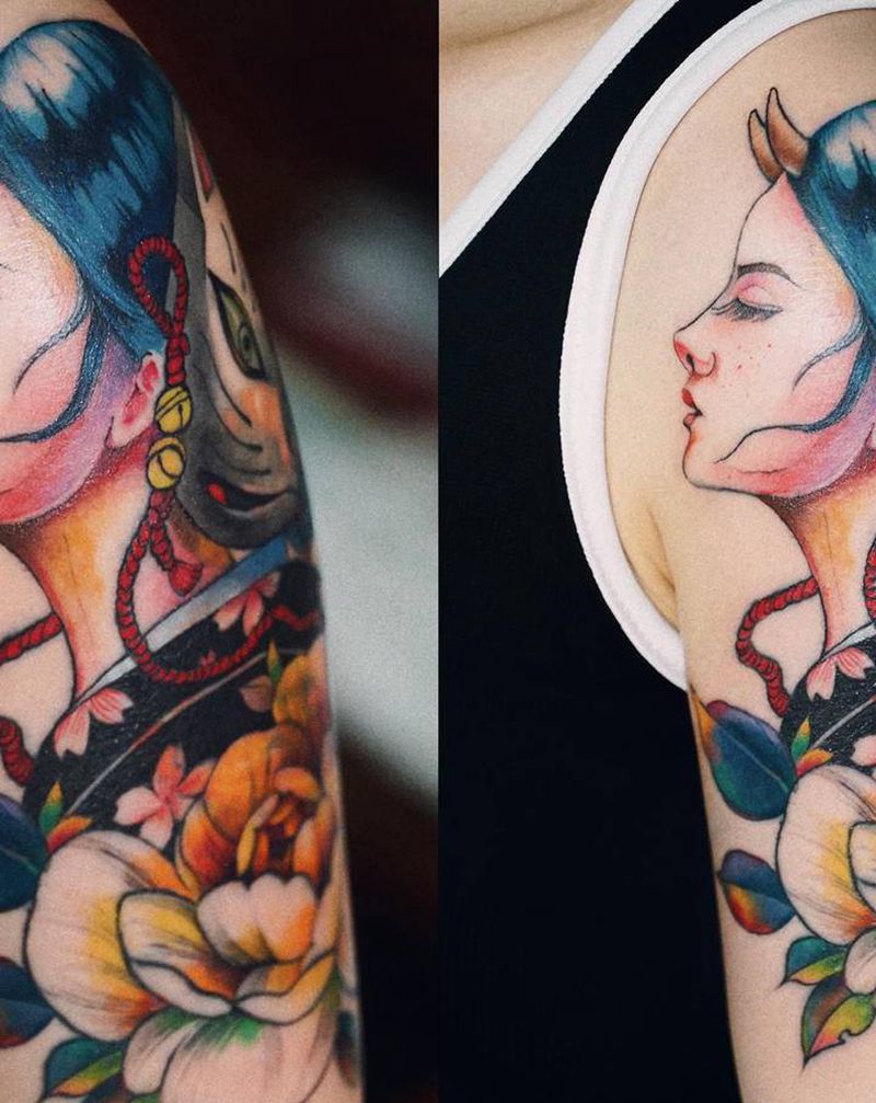大臂水彩艺妓纹身图片_手臂手部水彩欧美写实纹身图案