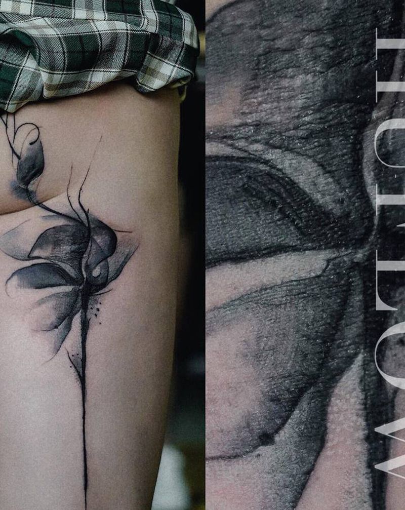 大腿后侧水墨纹身遮盖 free纹身图片_腿部臀部水墨水彩纹身图案