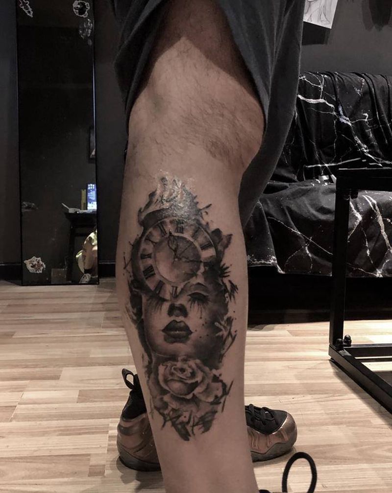 人物纹身图片_腿部欧美写实纹身图案