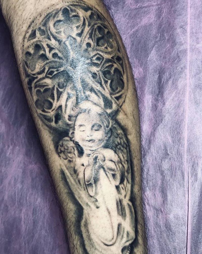 天使纹身图片_腿部欧美写实纹身图案