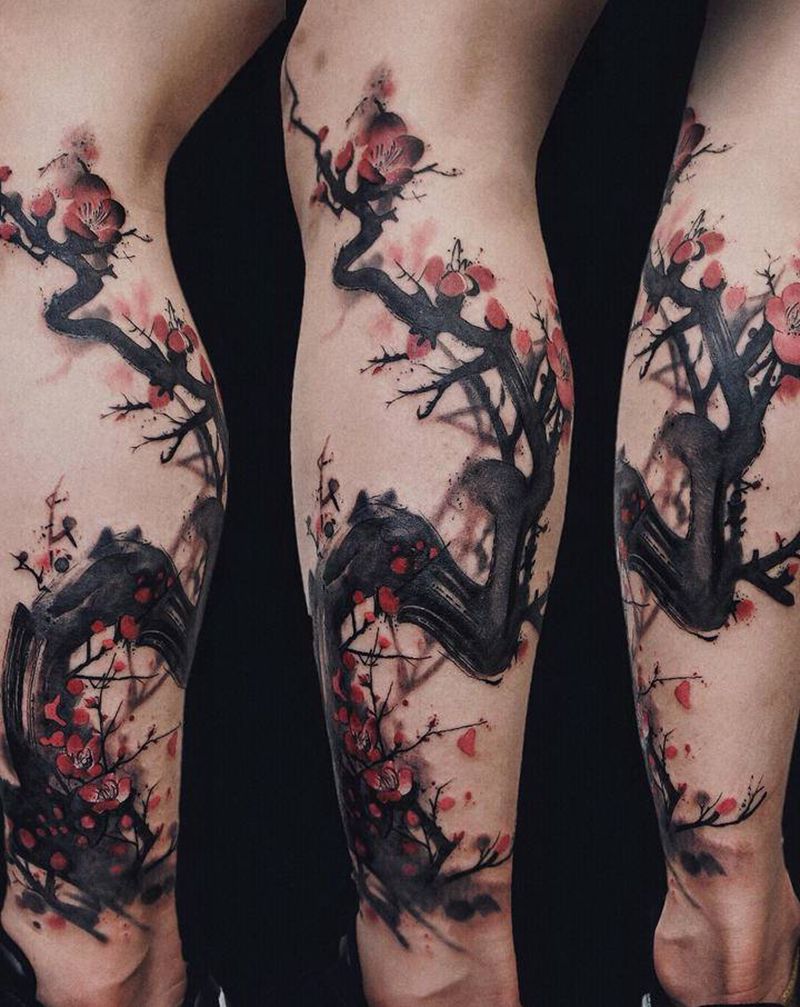 水墨树纹身纹身图片_脚部腿部水彩水墨纹身图案