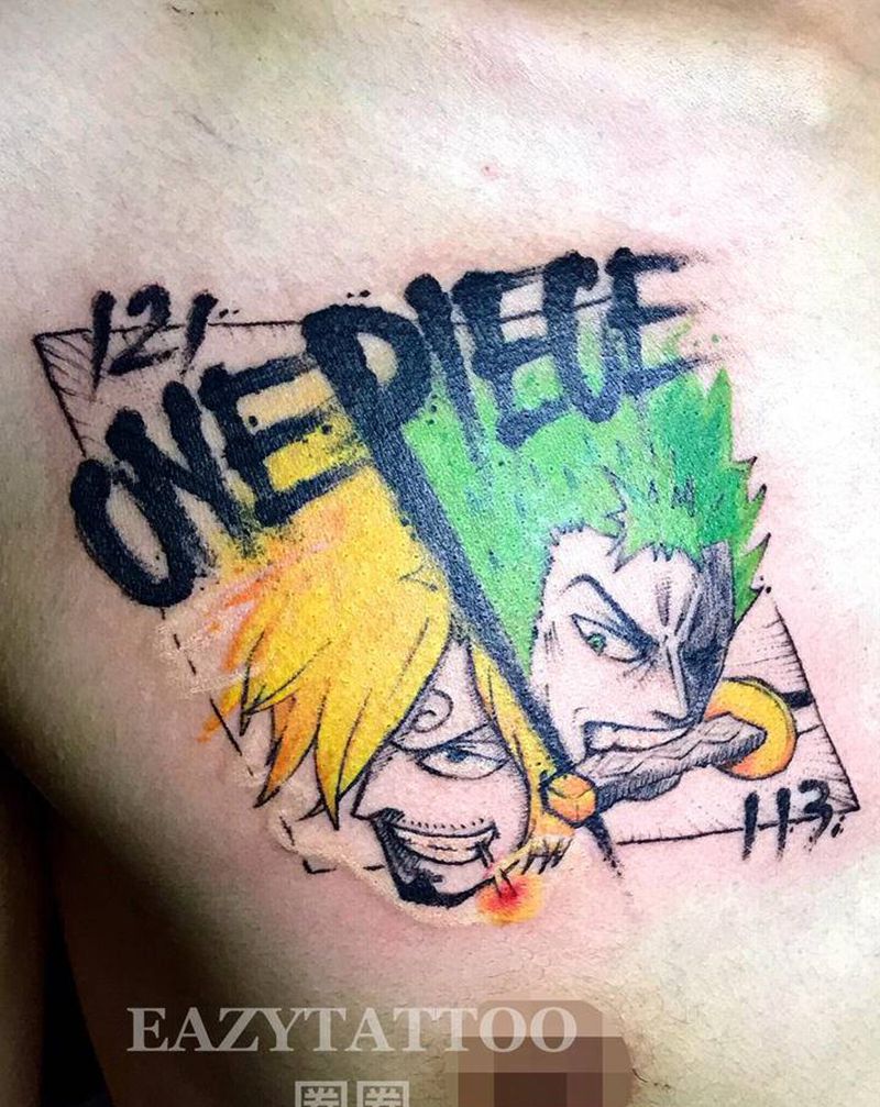 海贼王纹身图片_胸部水墨水彩海贼王索隆山治纹身图案