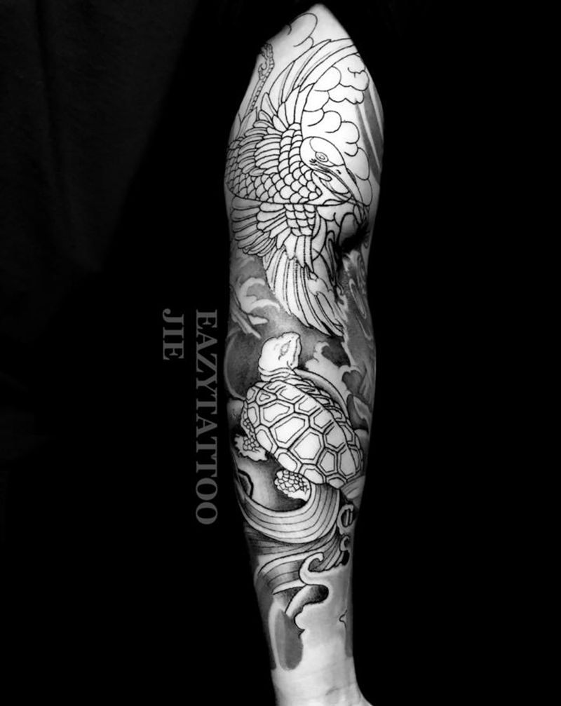 传统花臂未完纹身图片_手部手臂老传统鹤龟纹身图案