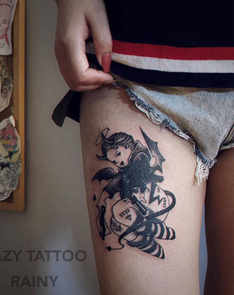 小魔女遮盖纹身图片_腿部New School小魔女魔女纹身图案
