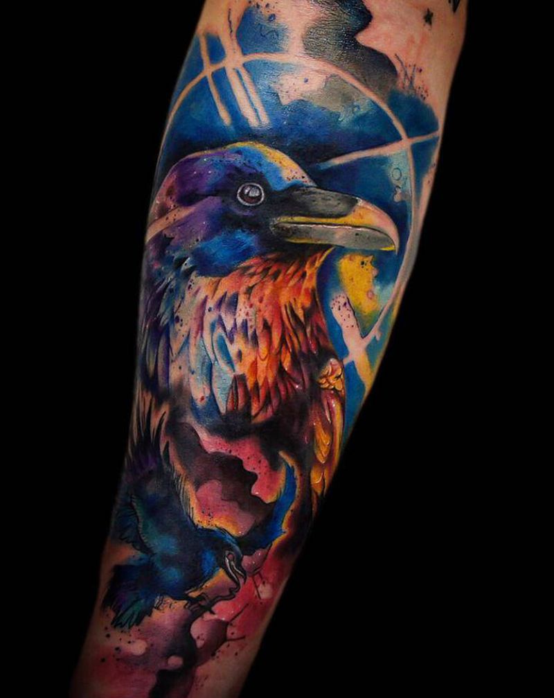 乌鸦水彩纹身图片_腿部脚部水墨水彩纹身图案