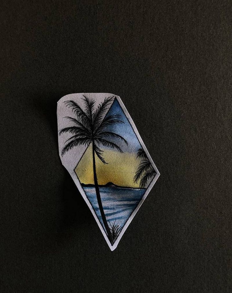 椰树纹身图片_手臂腿部几何水彩纹身图案