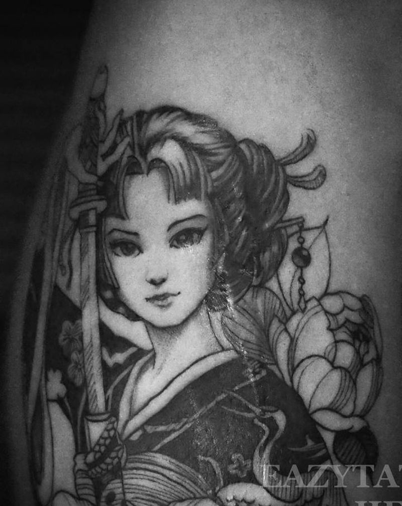 艺妓纹身图片_腿部New School艺妓纹身图案