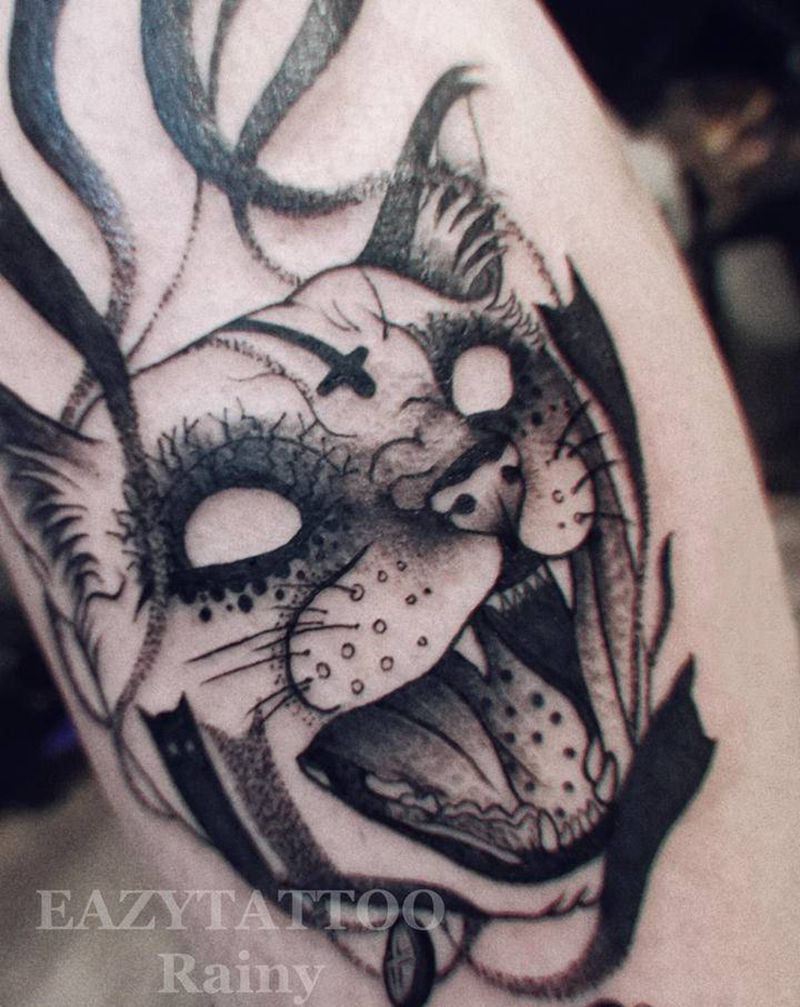 猫纹身图片_腿部New School猫纹身图案