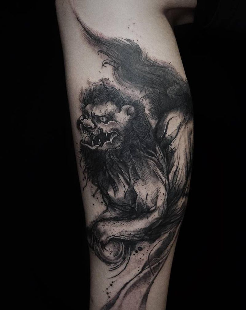 水墨唐狮纹身图片_脚部腿部水墨水彩纹身图案