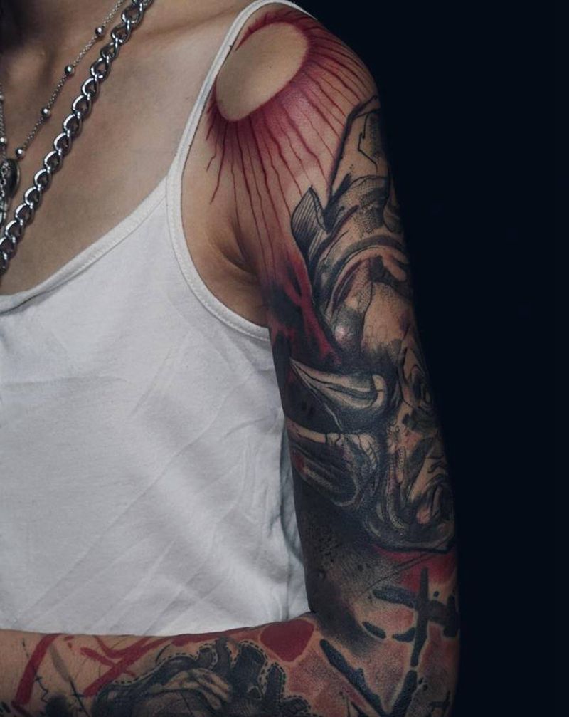 恋爱的犀牛纹身图片_手臂手部水墨水彩纹身图案