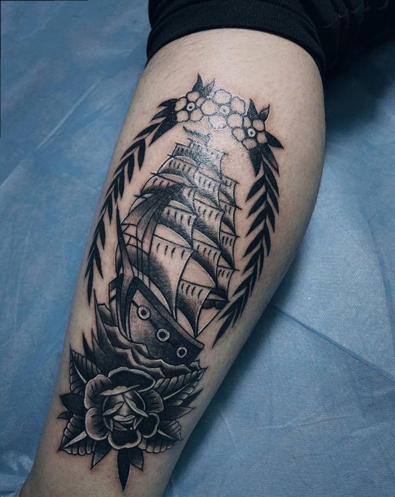 帆船纹身图片_腿部New School纹身图案