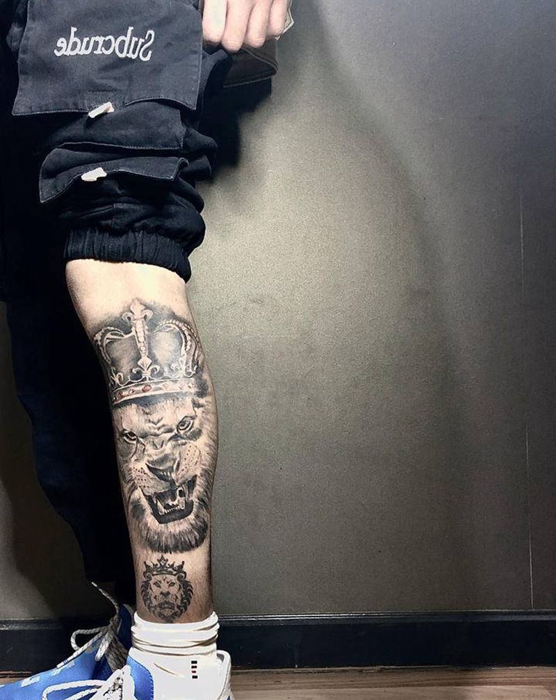 狮子纹身图片_腿部欧美写实纹身图案