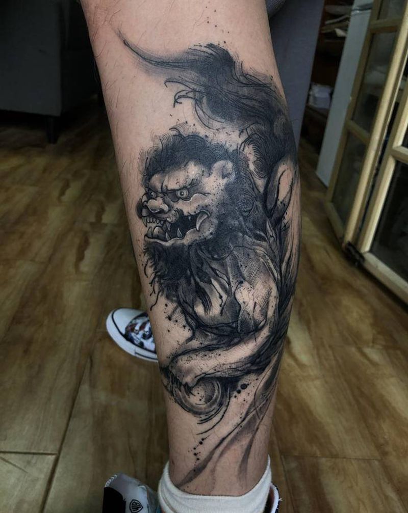 恢复后的唐狮子纹身图片_腿部水彩水墨纹身图案