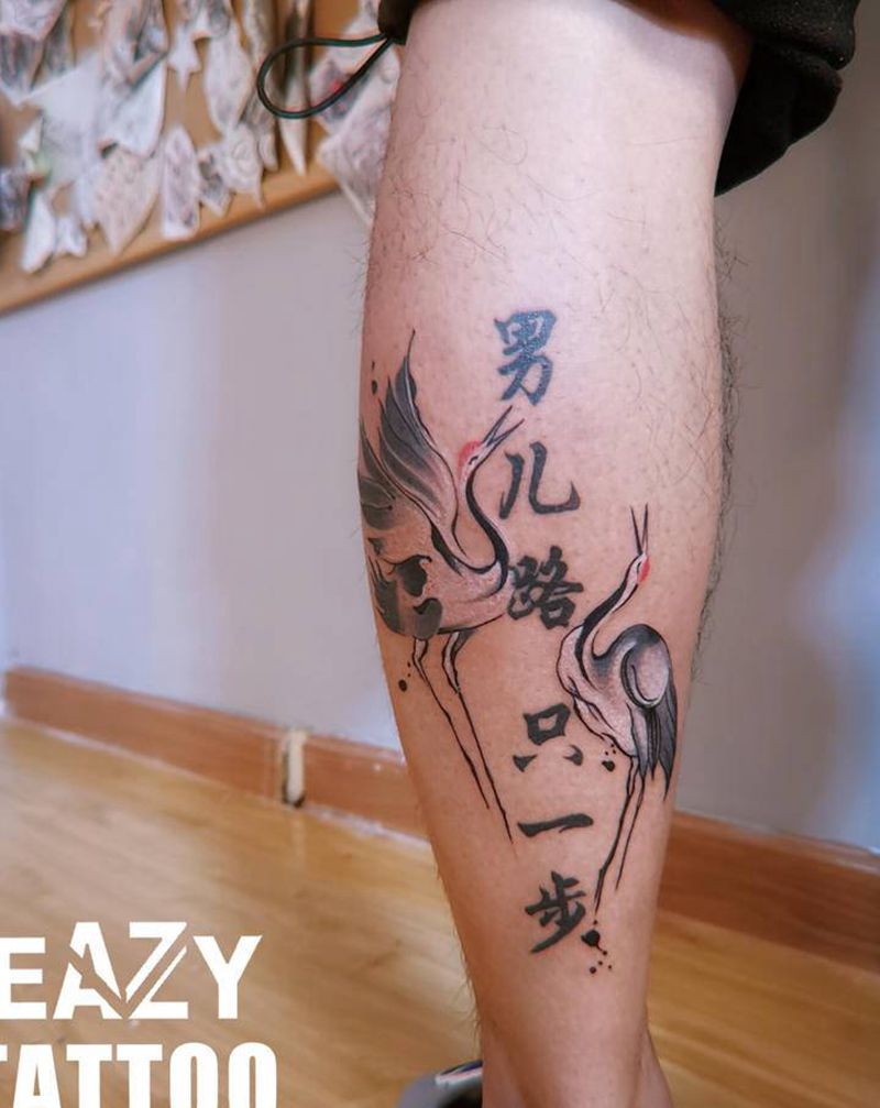 鹤纹身图片_腿部New School鹤纹身图案