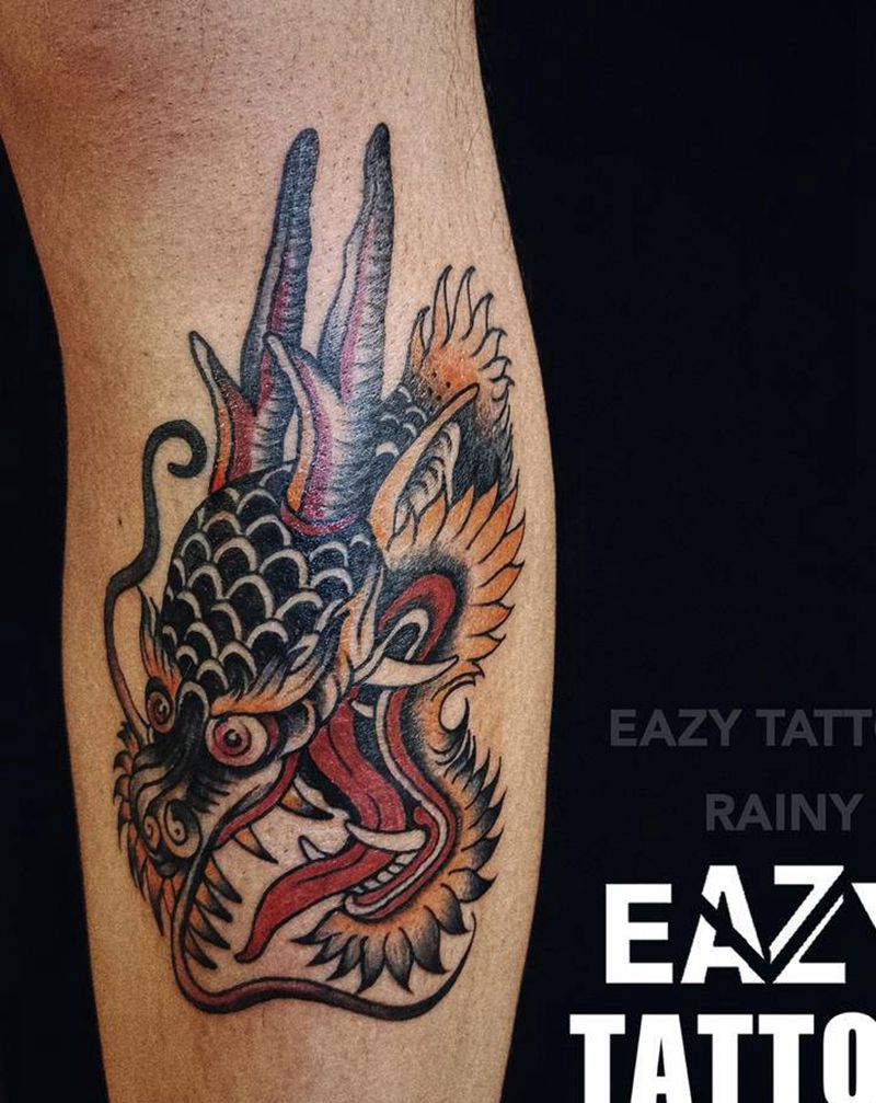 龙纹身图片_手臂Old School龙纹身图案