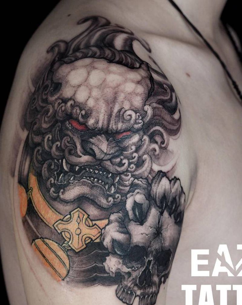 唐狮纹身图片_手臂新传统狮子 骷髅纹身图案