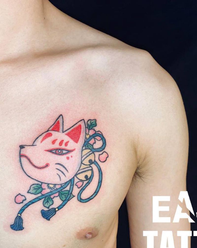 狐狸面具纹身图片_胸部New School面具狐狸纹身图案