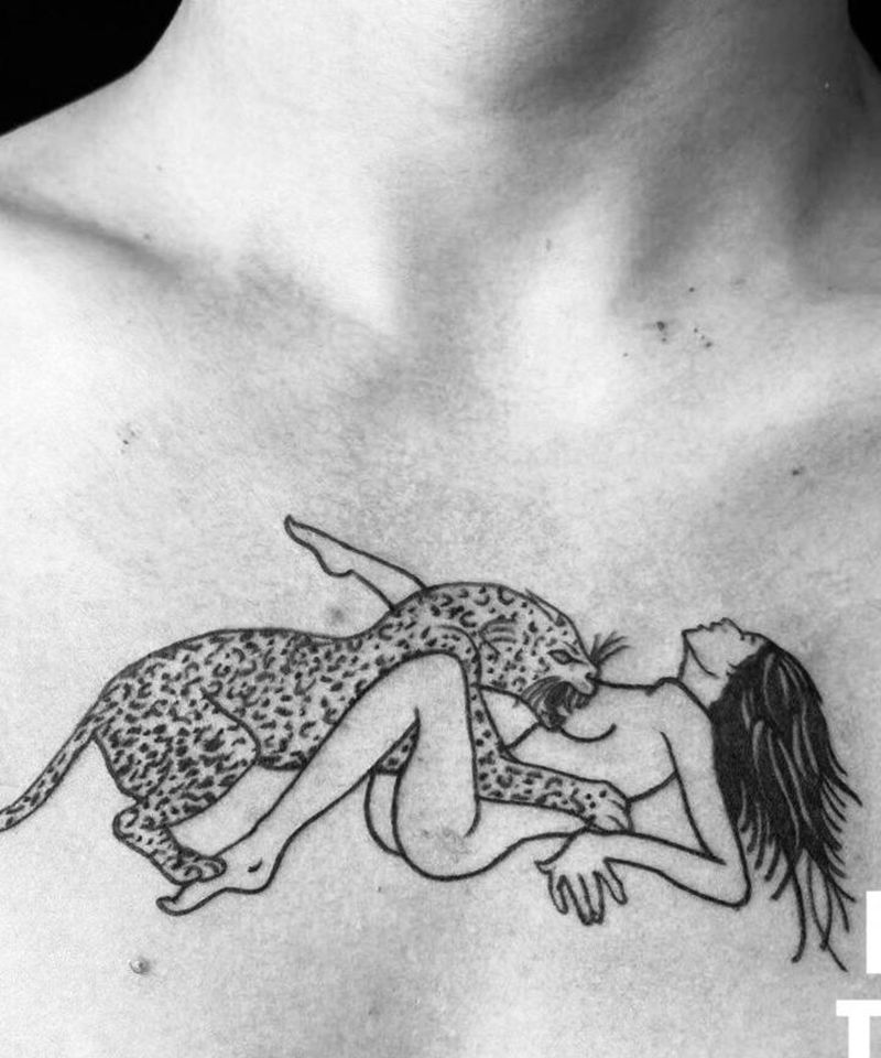 豹女纹身图片_胸部New School豹子女人纹身图案