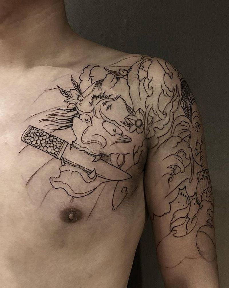 半甲线条纹身图片_手臂胸部纹身图案