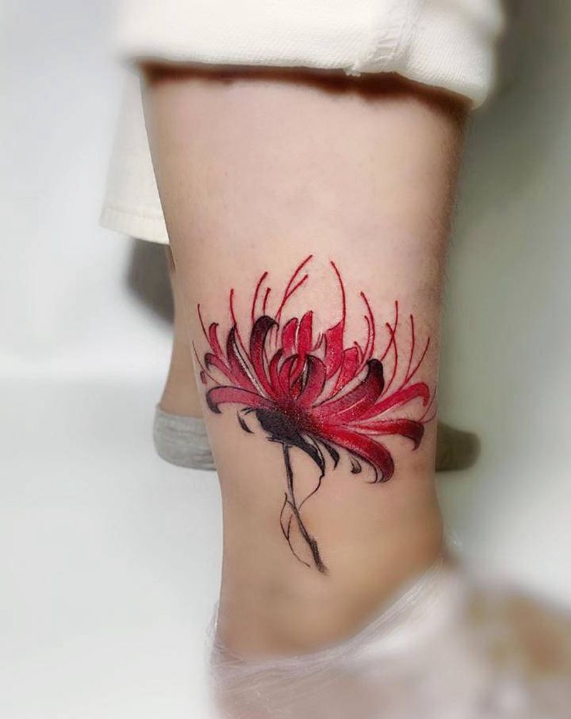 彼岸花纹身图片_腿部新传统纹身图案