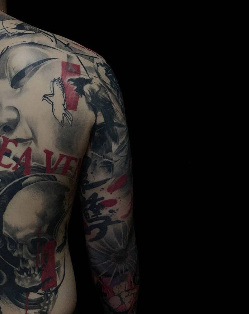 佛与魔纹身纹身图片_背部水墨水彩纹身图案