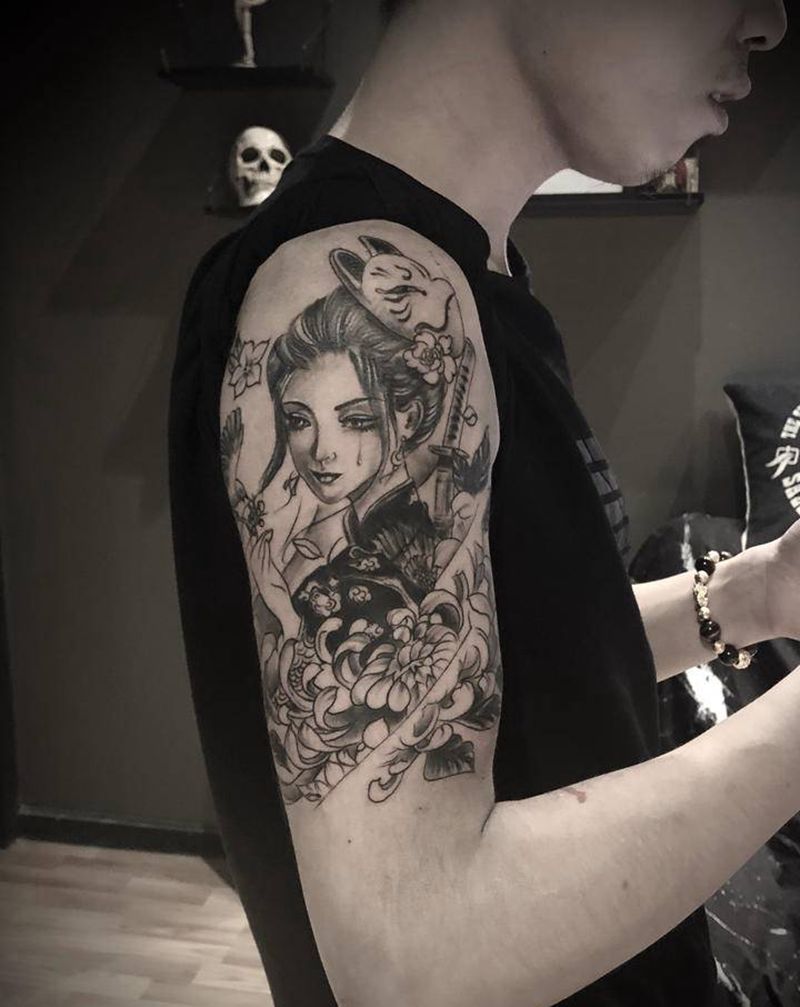 艺妓纹身图片_手臂肩部新传统纹身图案