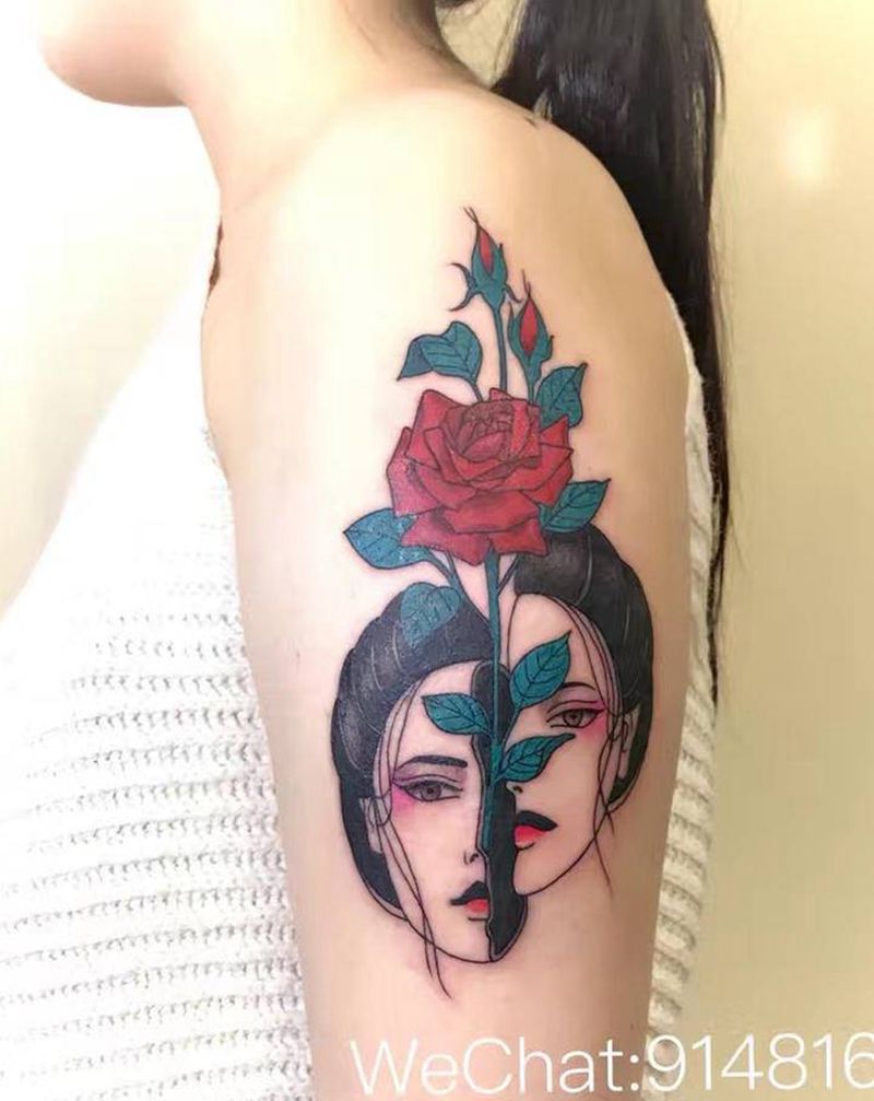 艺伎  玫瑰纹身图片_手臂New School纹身图案