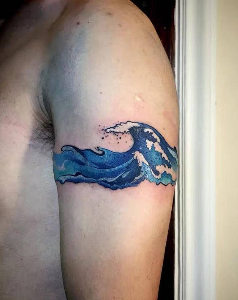 臂环海浪 浪花纹身图片_手臂肩部水墨水彩海浪浪花纹身图案