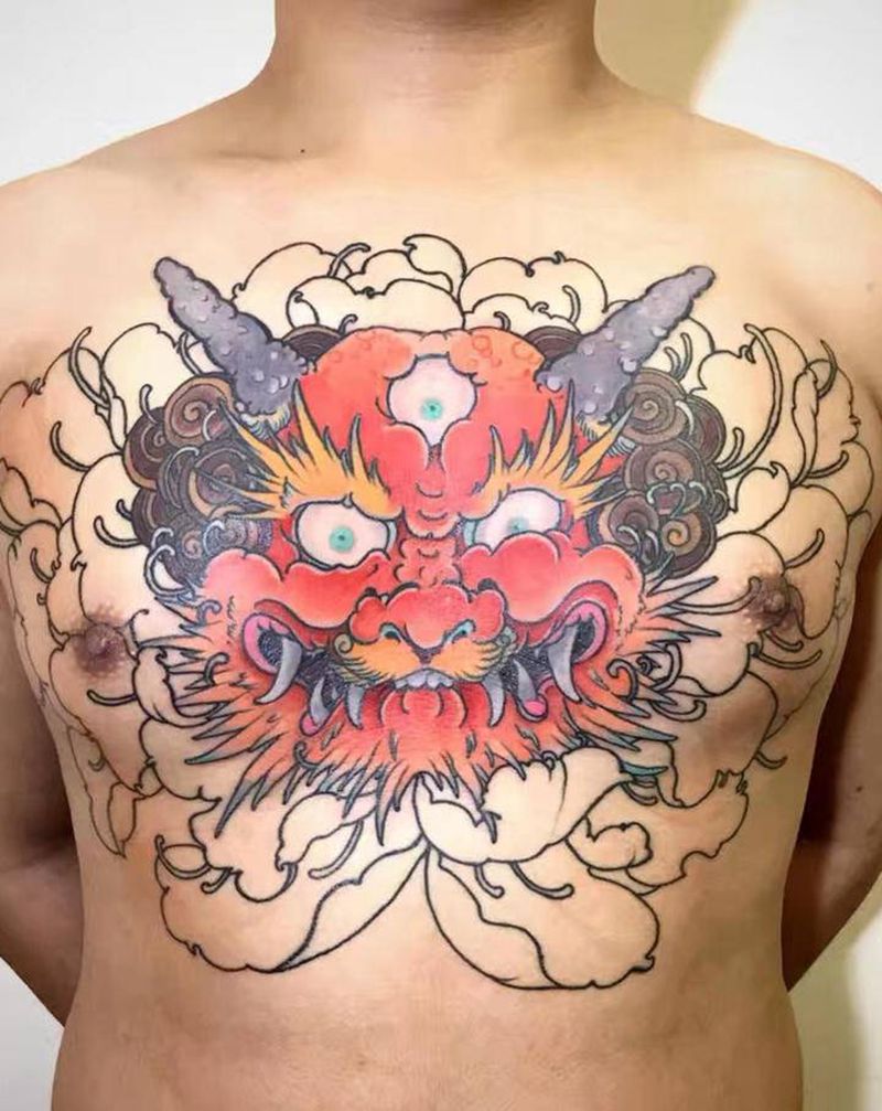 唐狮 牡丹 花胸半成品纹身图片_胸部肩部老传统新传统唐狮牡丹纹身图案